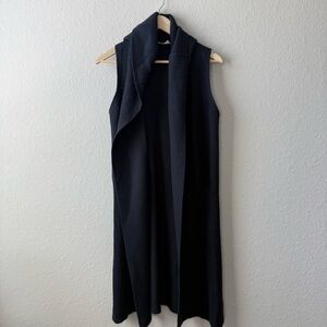 Sleeveless Open Front Hooded Long Knit Vest - Navy Blue